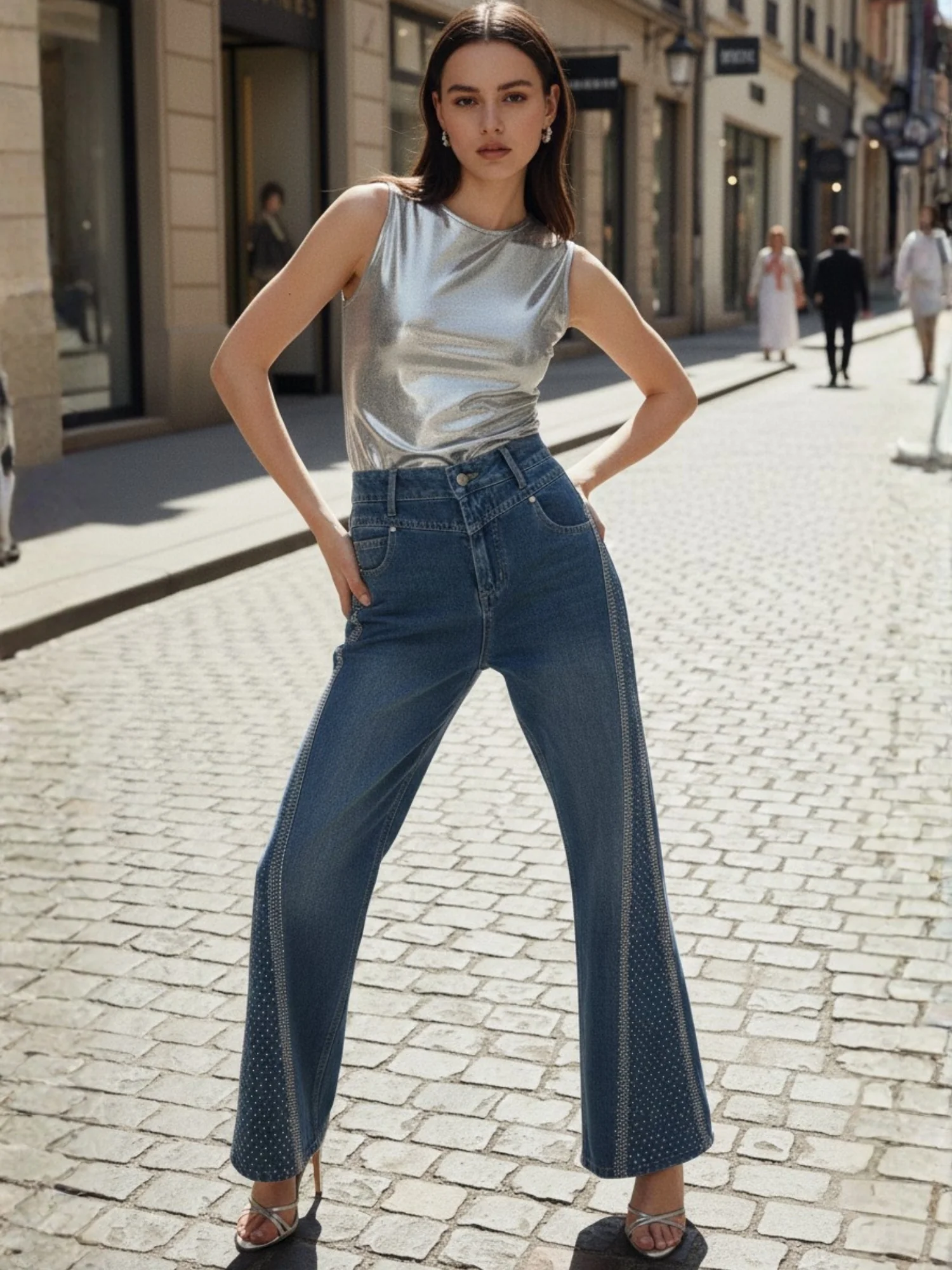 Navy Blue High Waist Frayed Wide Leg Jeans - Image 2