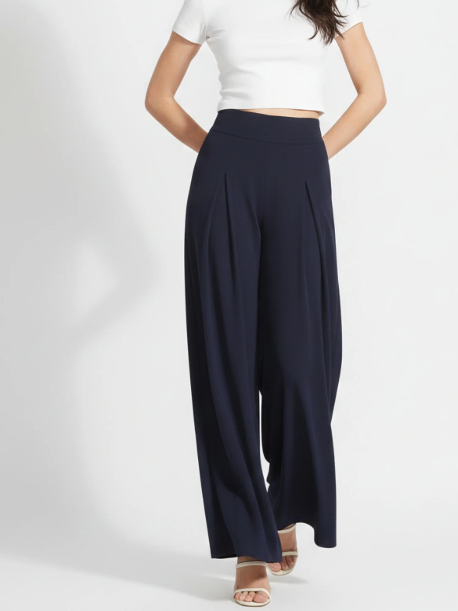 Navy Blue High Waist Pleated Flared Trouser - Image 3