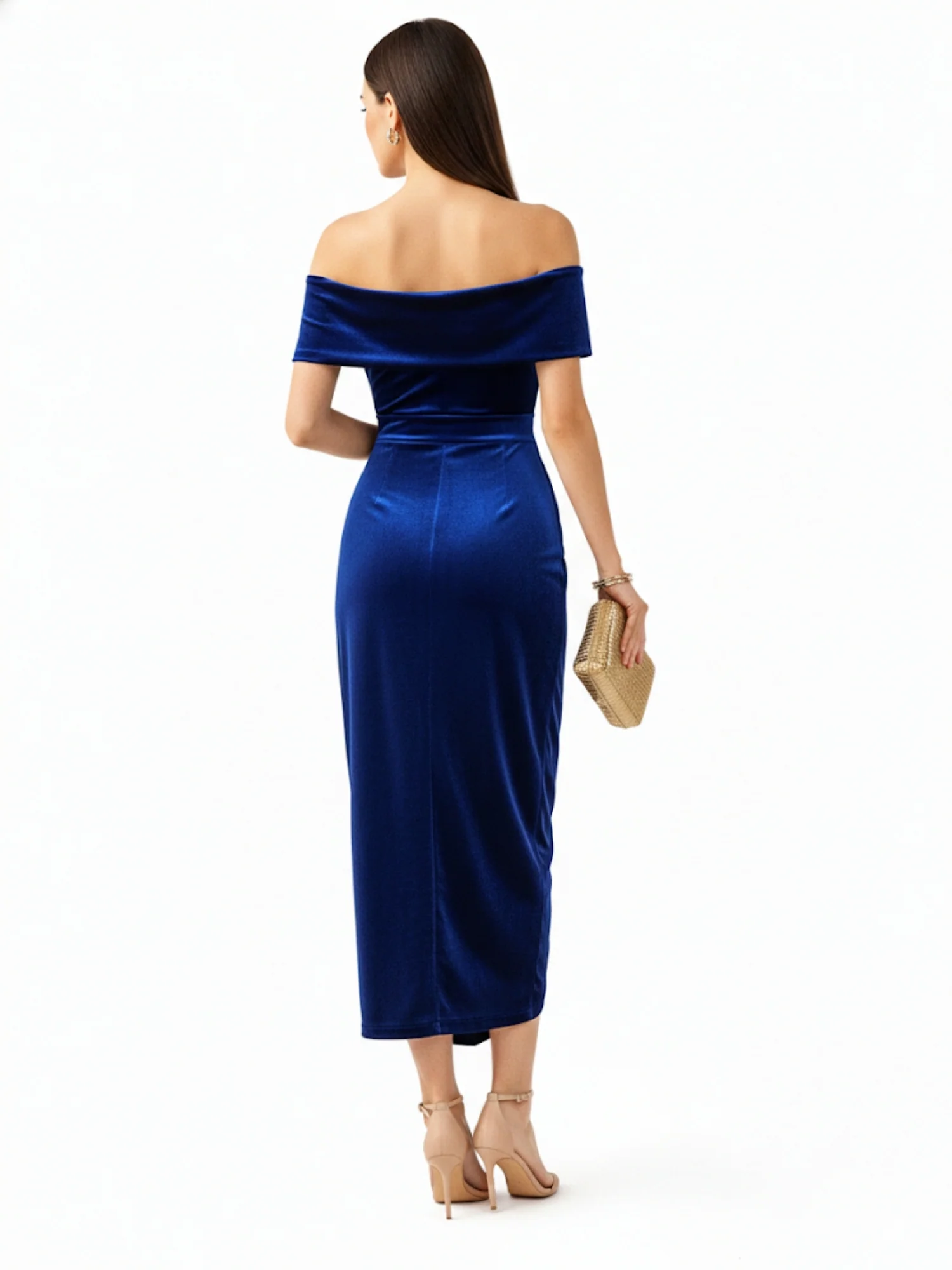 Navy Blue Off-Shoulder Wrap Hem Velour Dress - Image 3