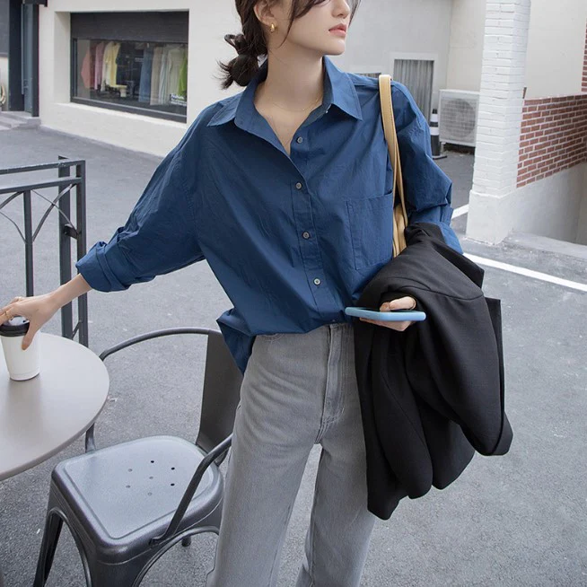 Navy Blue Oversized Poplin Shirt