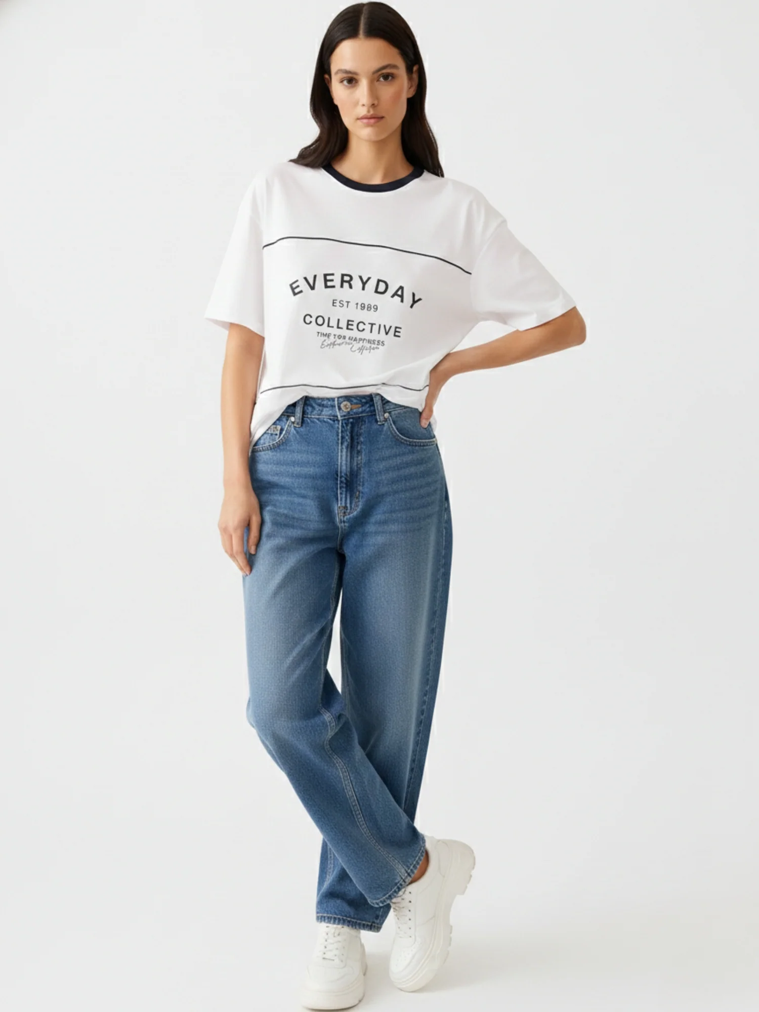 Navy Blue Oversized T-Shirt With Graphic And Cut & Sew Highlights - Image 3