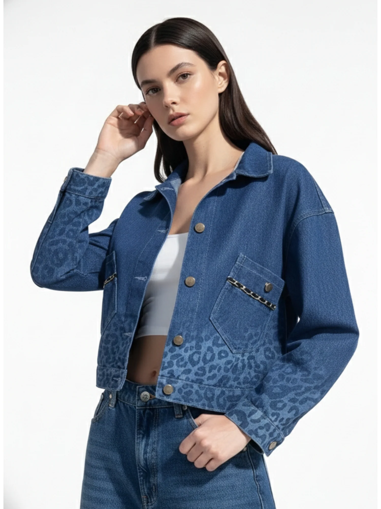 Navy Blue Printed Monochrome Denim Jacket - Image 5