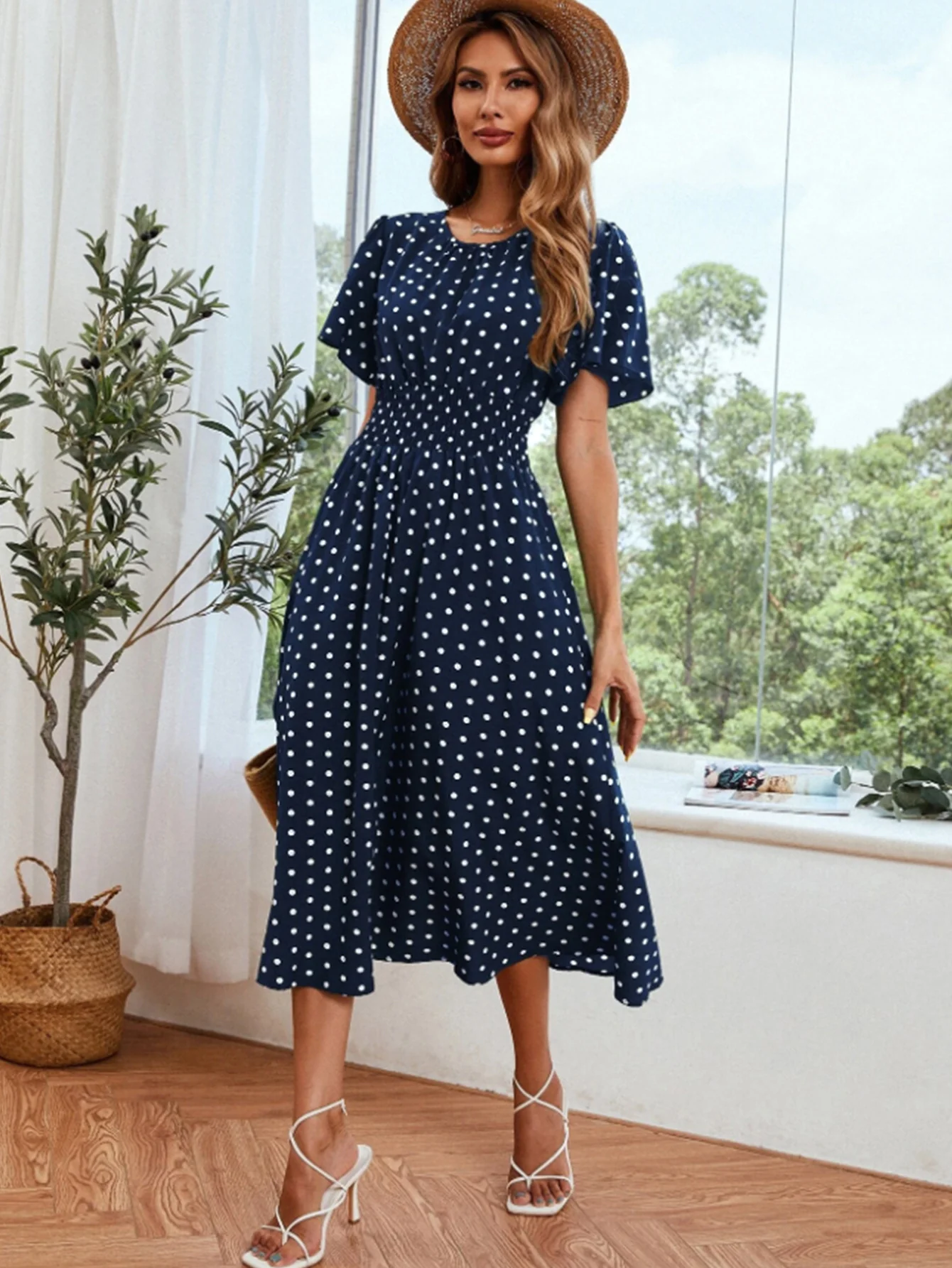 Navy Blue Printed Sinched Waist Dress - Image 3