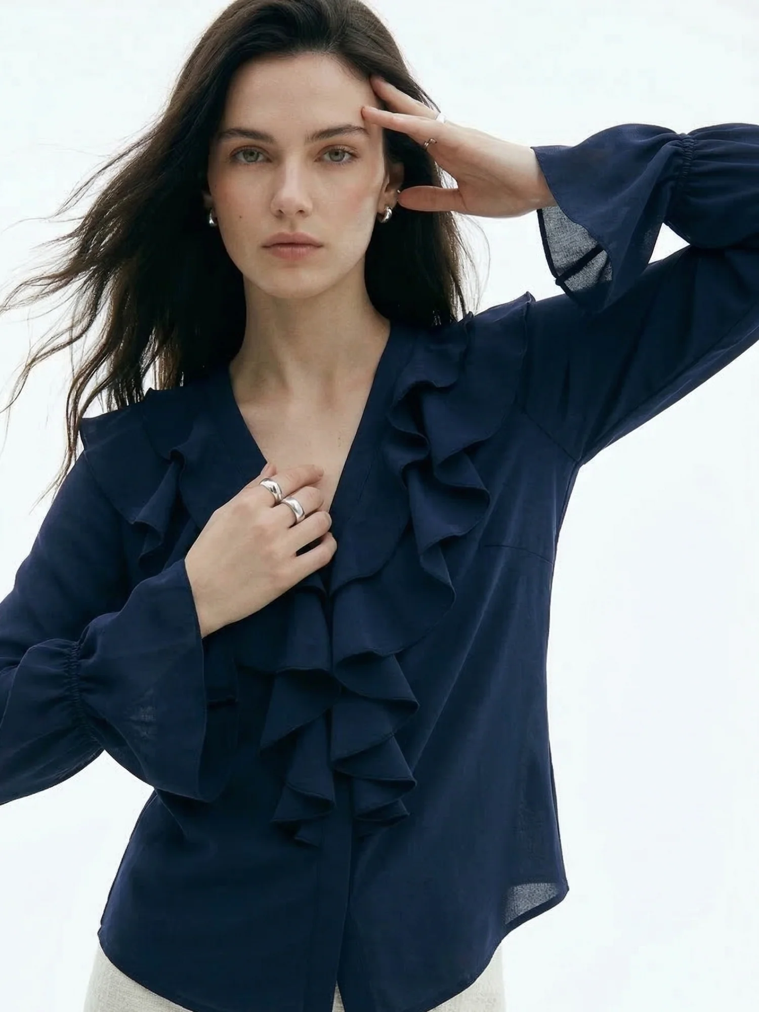Navy Blue Ruffle Detail Bishop Sleeve Top - Image 3