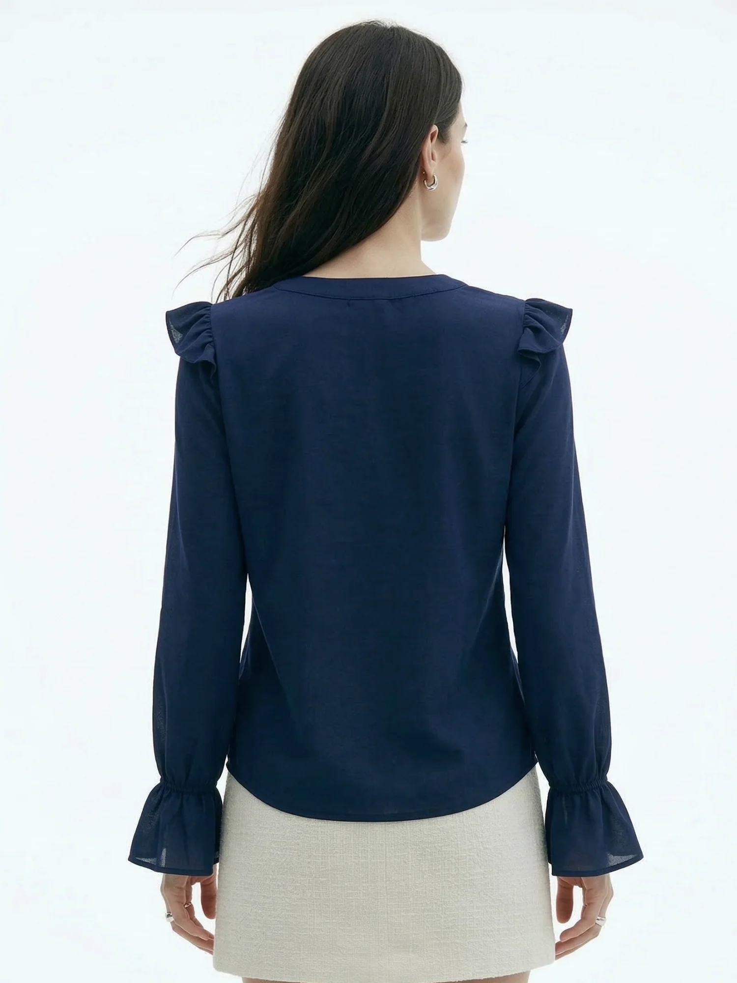 Navy Blue Ruffle Detail Bishop Sleeve Top - Image 4