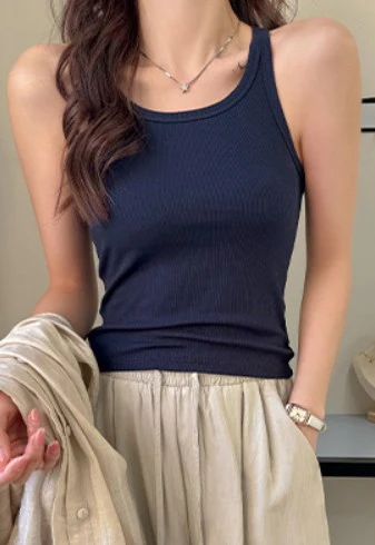Navy Blue Scoop Neck Ribbed Tank Top - Image 2
