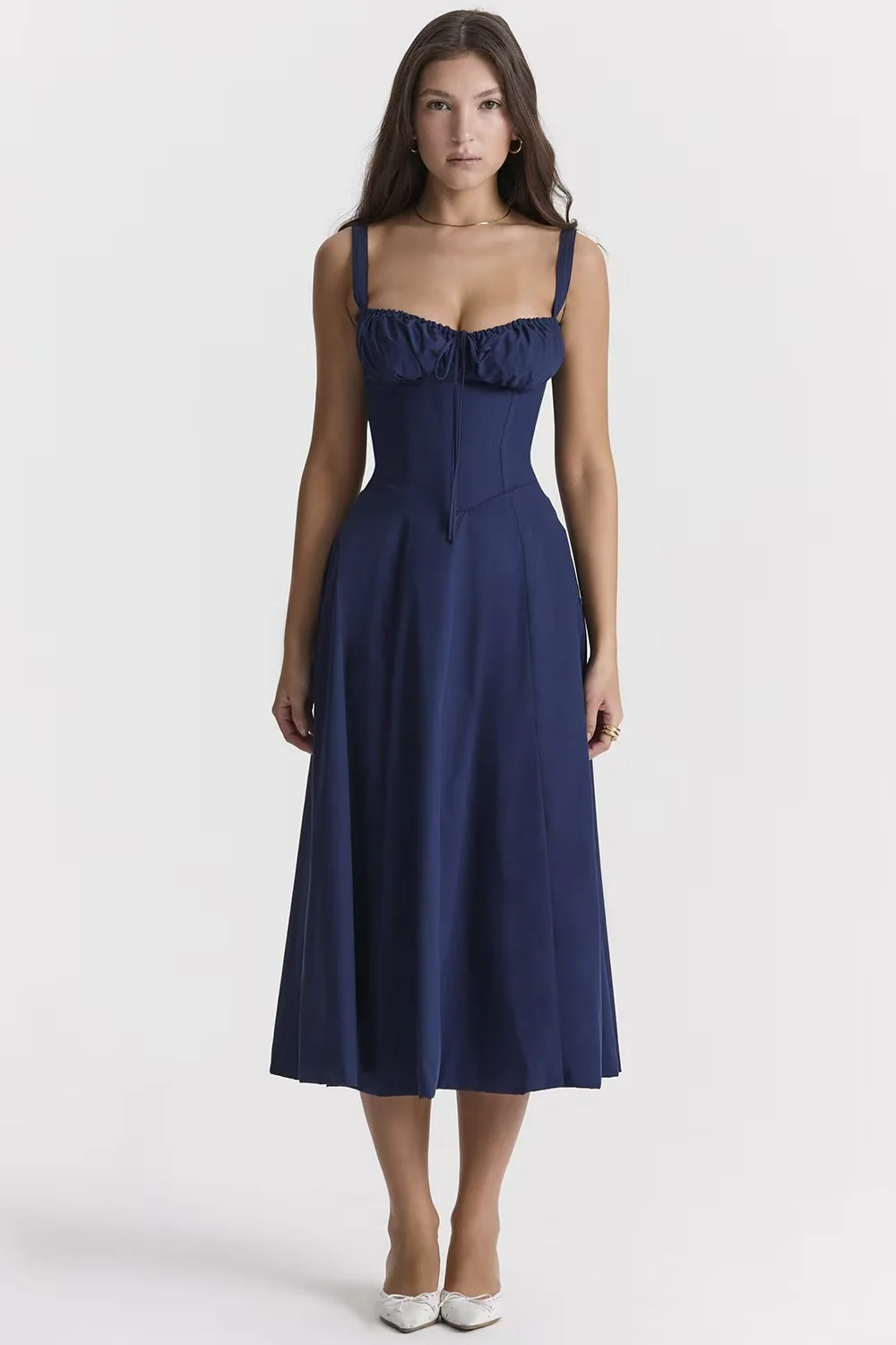 Navy Blue Strappy Corset Midi Dress