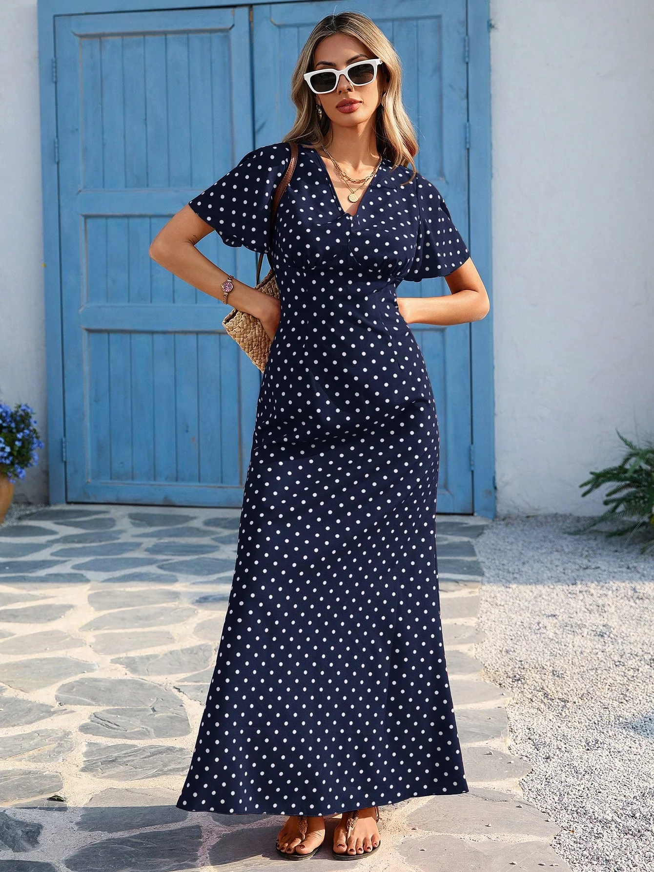 Navy Blue V Neck Flutter Sleeves Maxi - Image 3