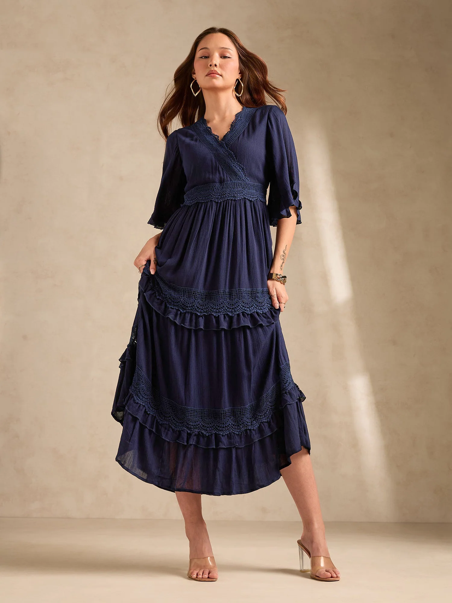 Navy Blue V Neck Mesh Detail Dress - Image 2