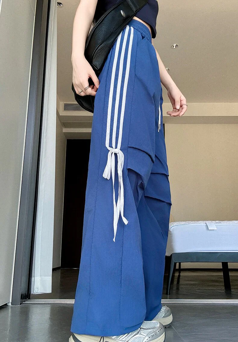 Navy Blue Wide Leg Drawstring Stripe Pin Tuck Sweatpants - Image 2