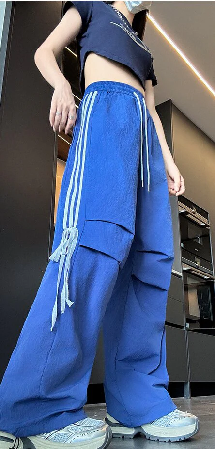 Navy Blue Wide Leg Drawstring Stripe Pin Tuck Sweatpants - Image 3