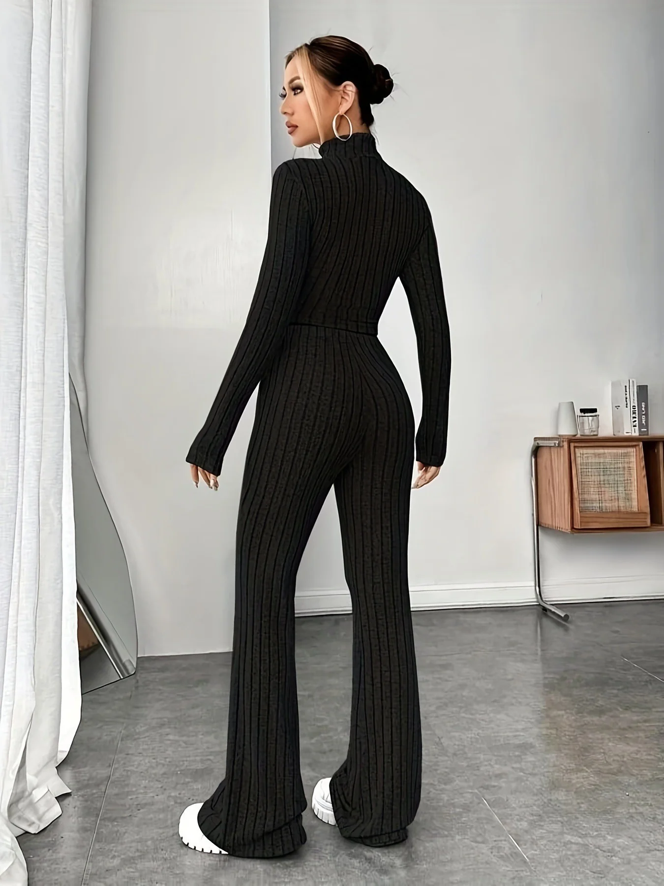 Solid Black Color Top and Pant Set - Image 2