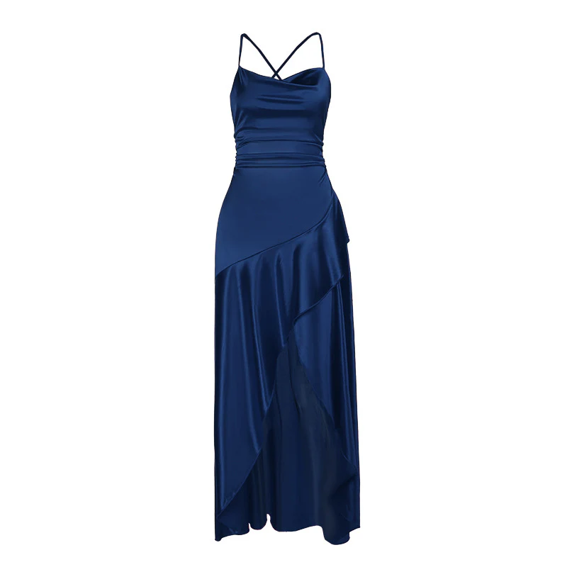 Navy Blue Wrap Over Asymmetric Hem Dress - Image 2