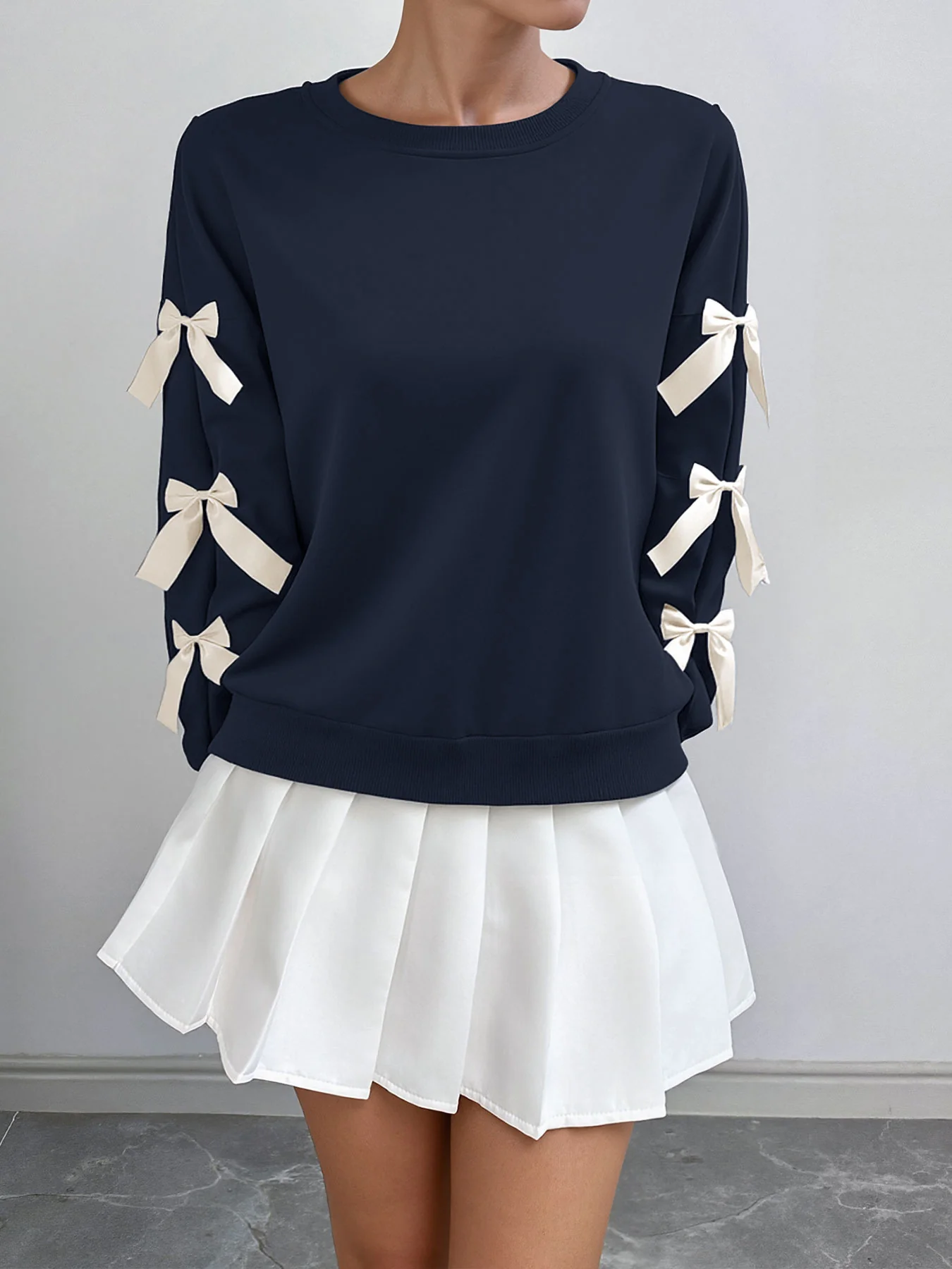 Navy Full Sleeve Bow Trim Sweatshirt - Image 3