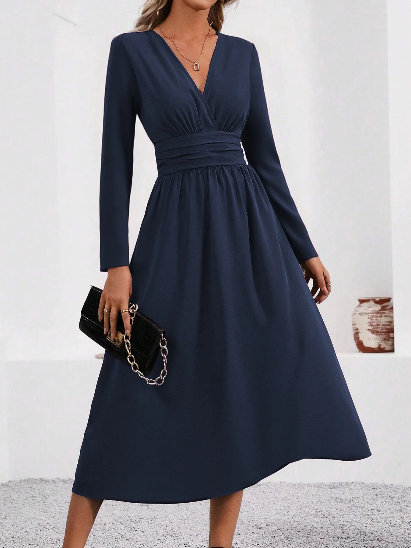Navy Full Sleeve V Neck Flared Dress - Image 3