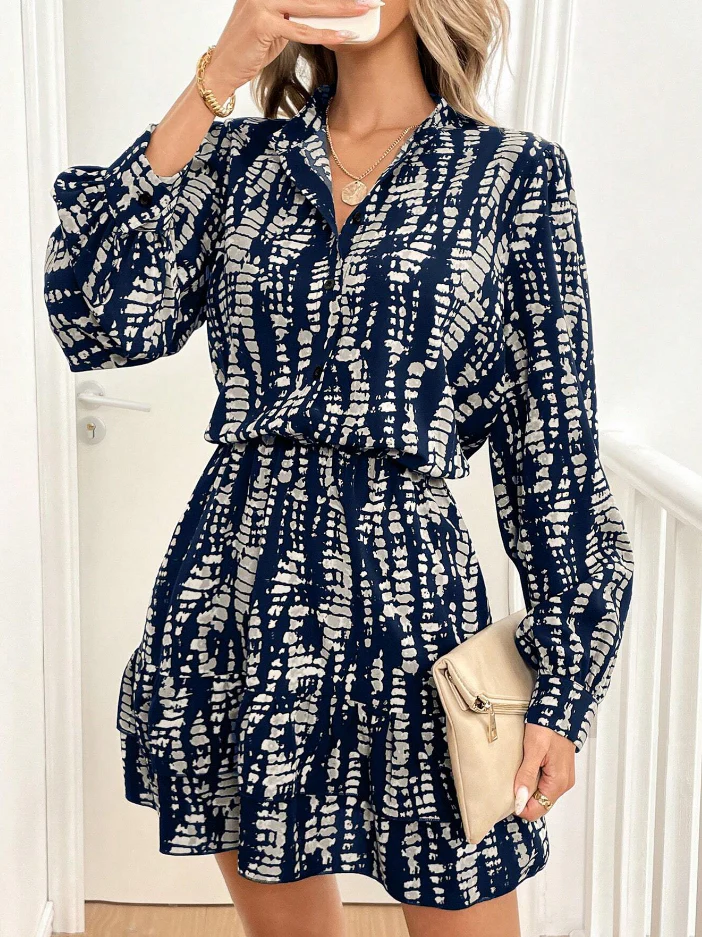 Navy Printed Cinched At Waist Mini Dress - Image 3