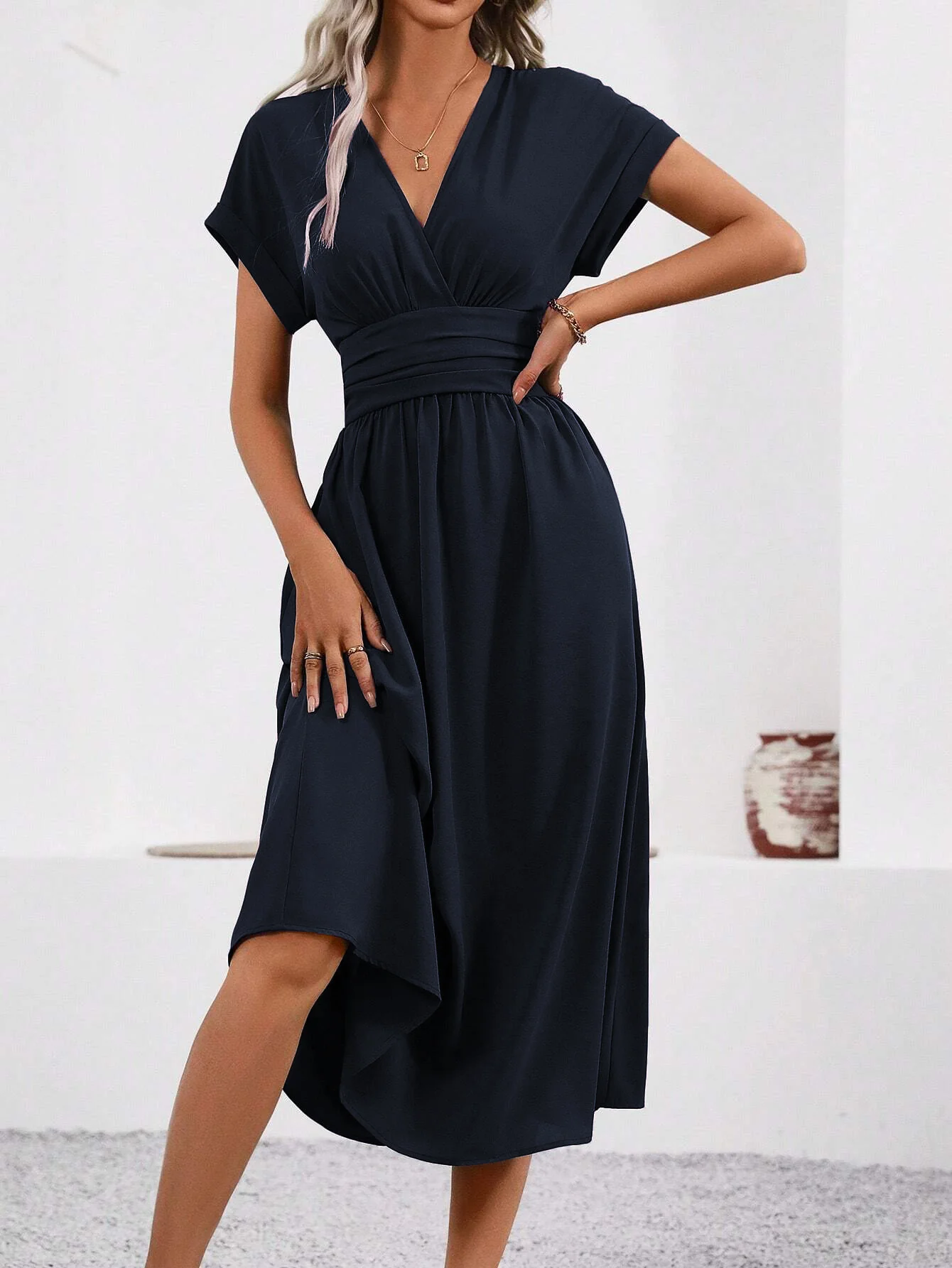 Navy Short Sleeve V Neck Dress - Image 3