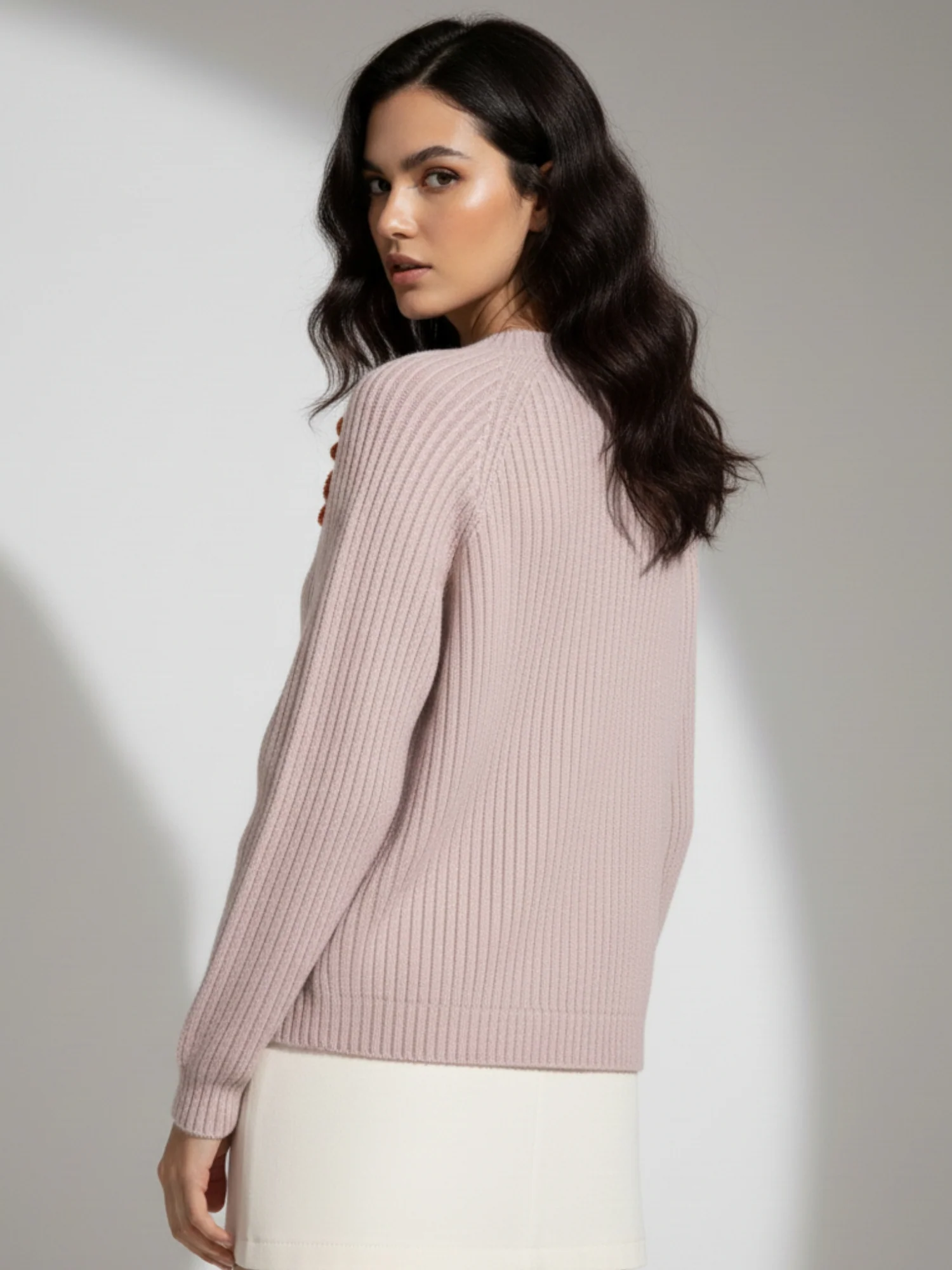 Nude Full Sleeve Front Buttoned Floral Embroidered Cardigan - Image 2