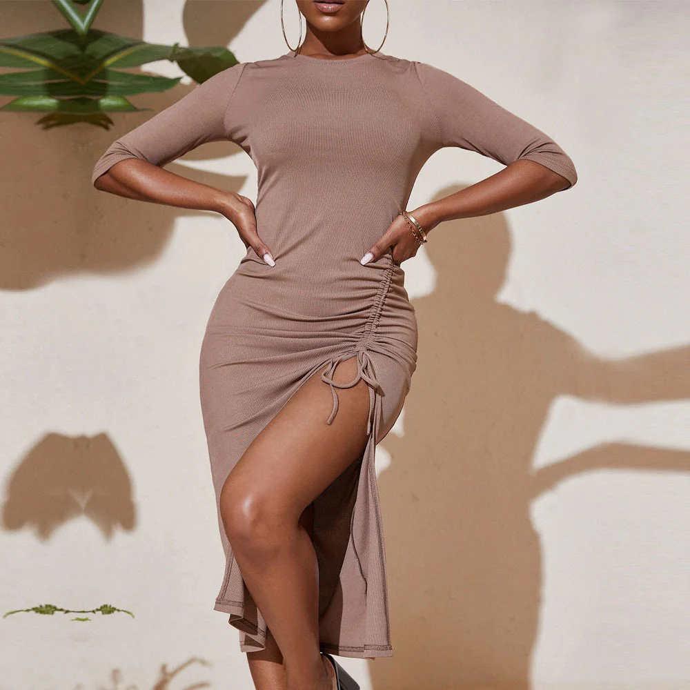 Nude Quarter Sleeve Front Ruched Dress - Image 2