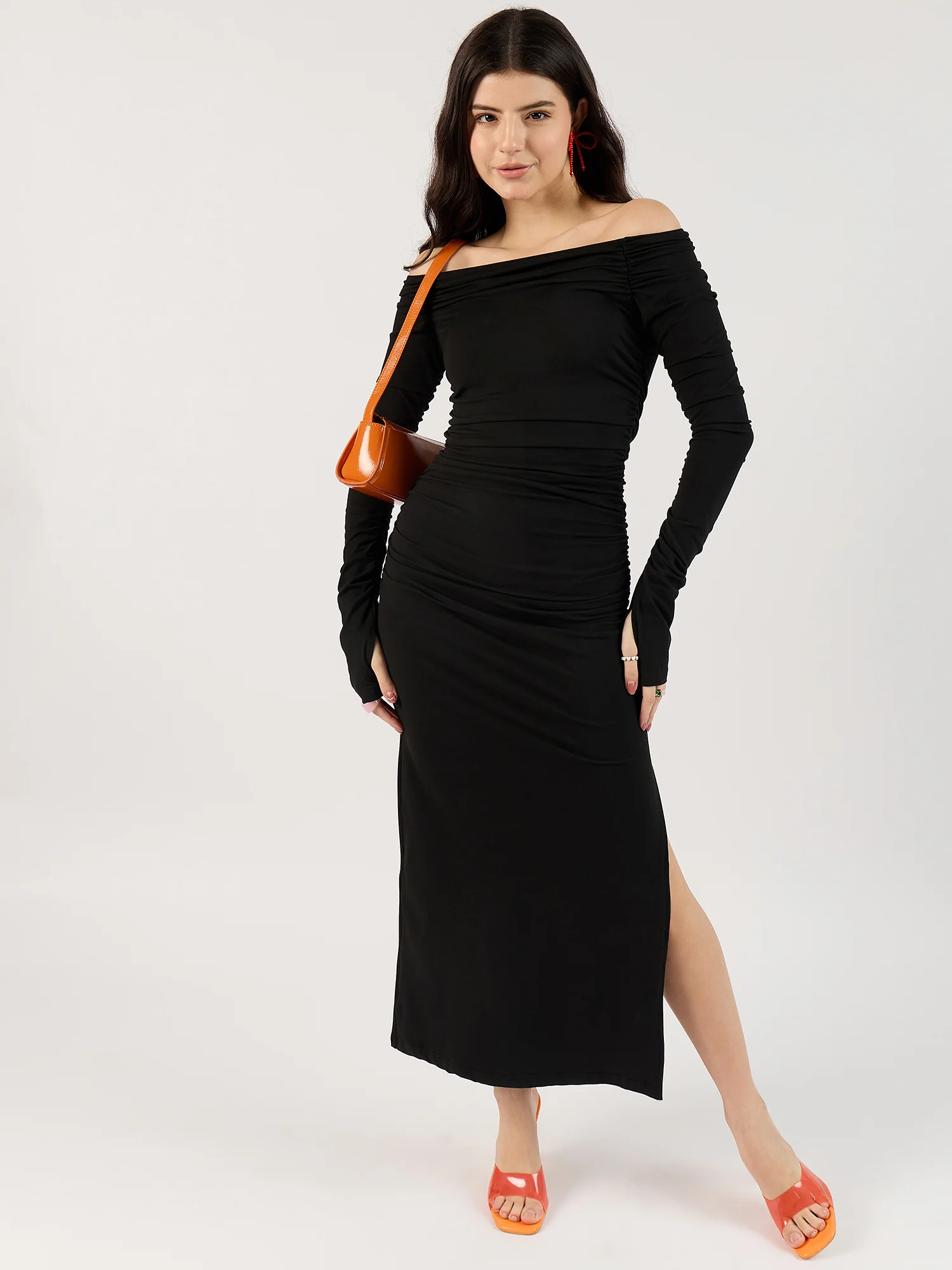 Black Off-Shoulder Ruched Dress - Image 4