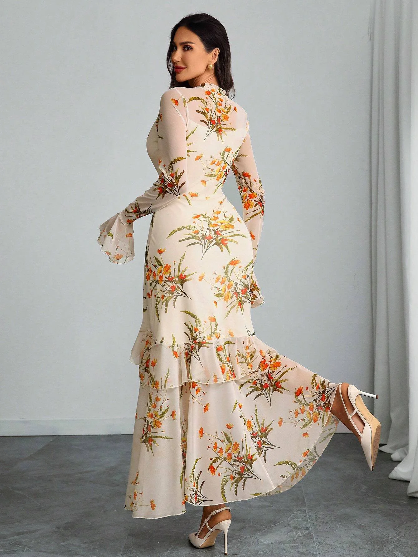 Off White Bell Sleeve Printed Ruffle Detail Dress - Image 2