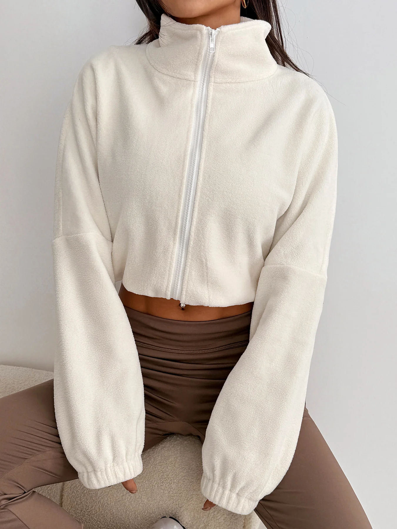 Off White Bishop sleeve mock neck front zip fur jacket - Image 4