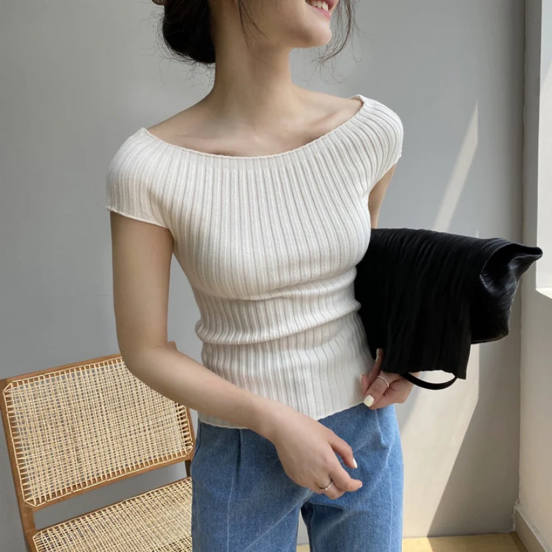 Off White Broad Neck Cap Sleeve Top