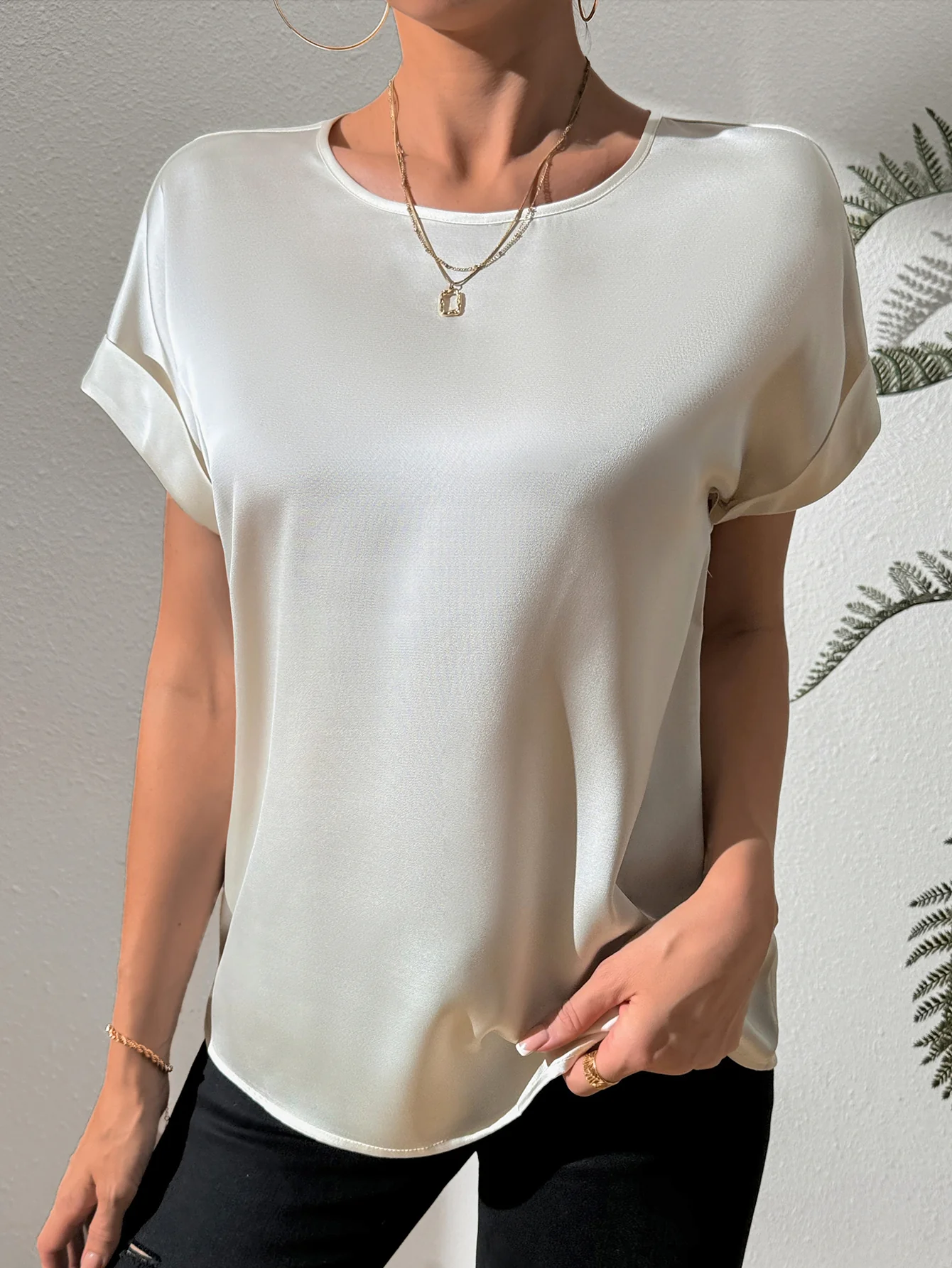 Off White Folded Hem Crew Neck Top