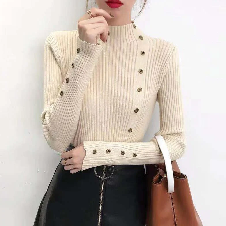Off White Full Sleeve Button Trim Fitted Sweaters