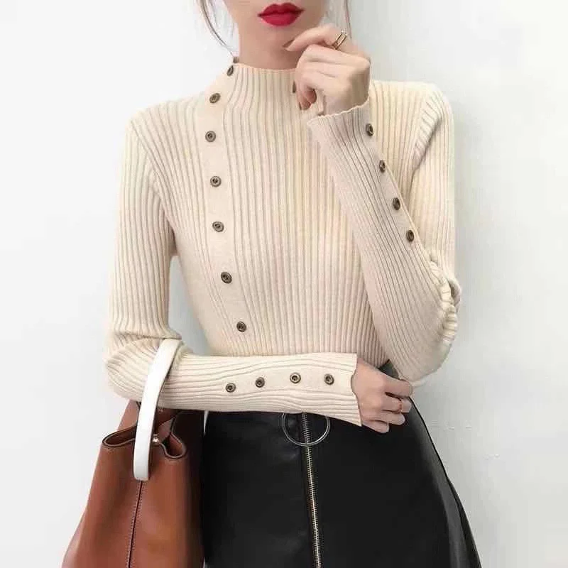 Off White Full Sleeve Button Trim Fitted Sweaters - Image 2