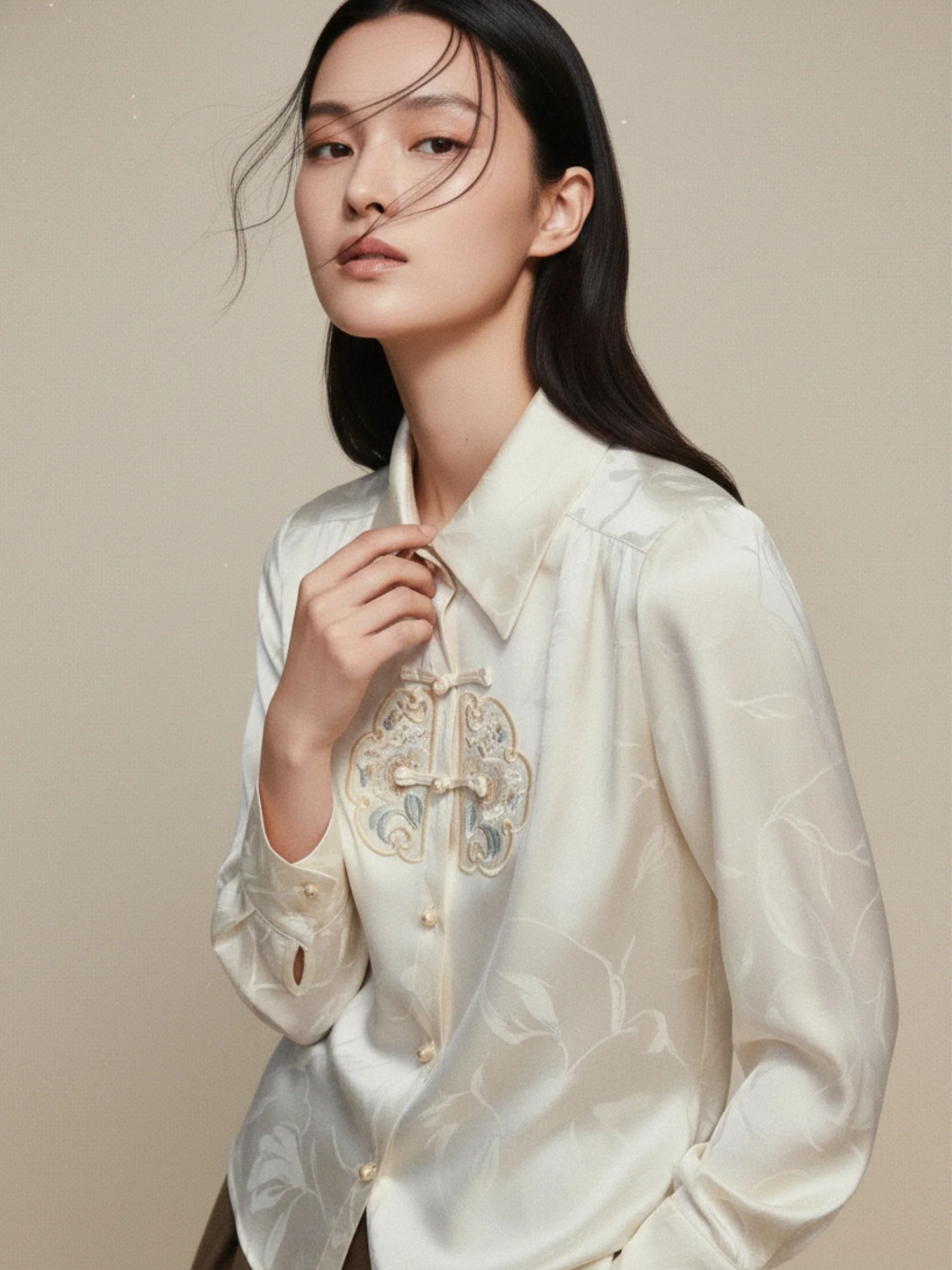 Off White Full Sleeve Collared Neck Ruffle Detail Top - Image 2