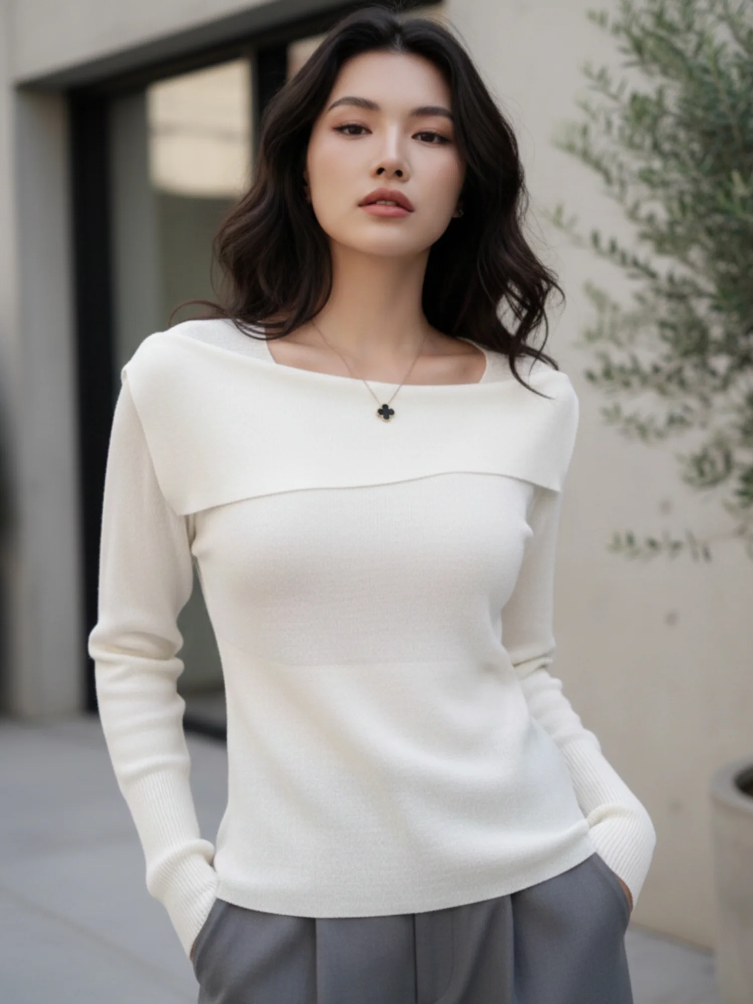 Off White Full Sleeve Round Neck Neck Wrap Top - Image 2