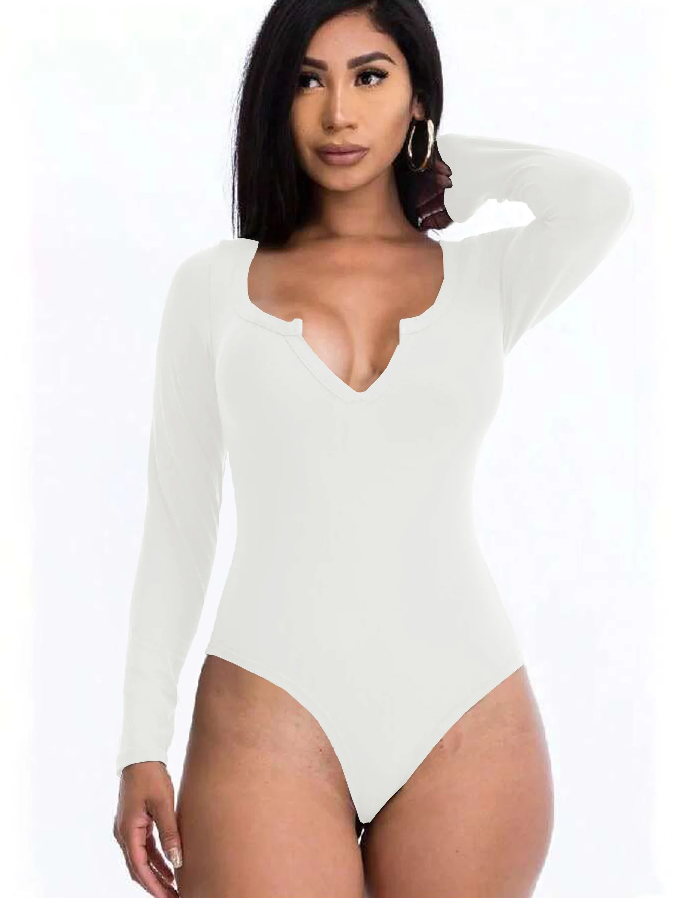Off White Full Sleeved Scoop V-Neck Bodysuit - Image 2