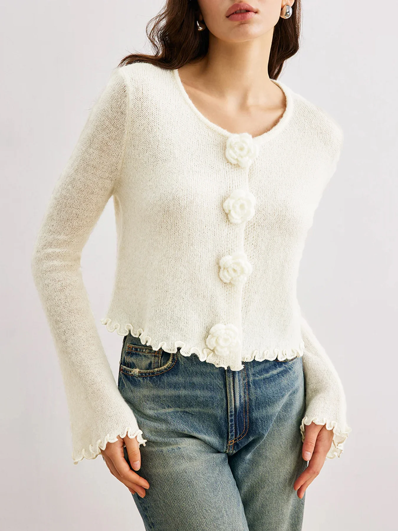 Off White Full Sleeves Flower Button Solid Cardigan - Image 3