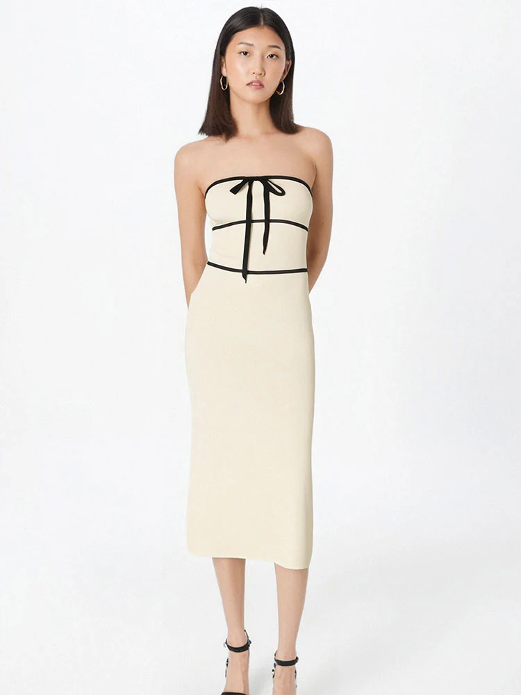 Off White Off Shoulder Contrast Tiping Maxi Dress - Image 2