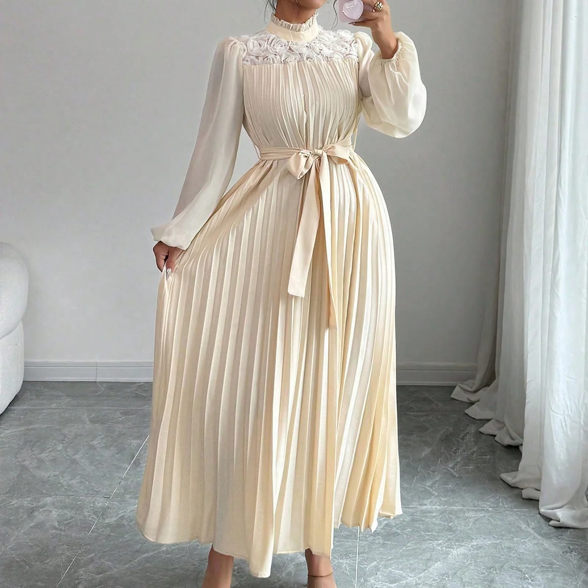 Off-White Pleated High Neck Belt Dress - Image 6
