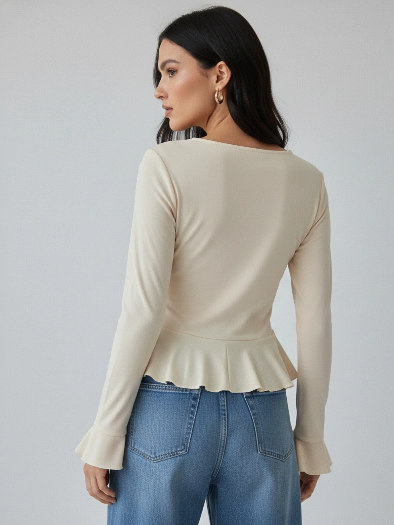 Off White Ruffle Detail Bell Sleeve Top - Image 2