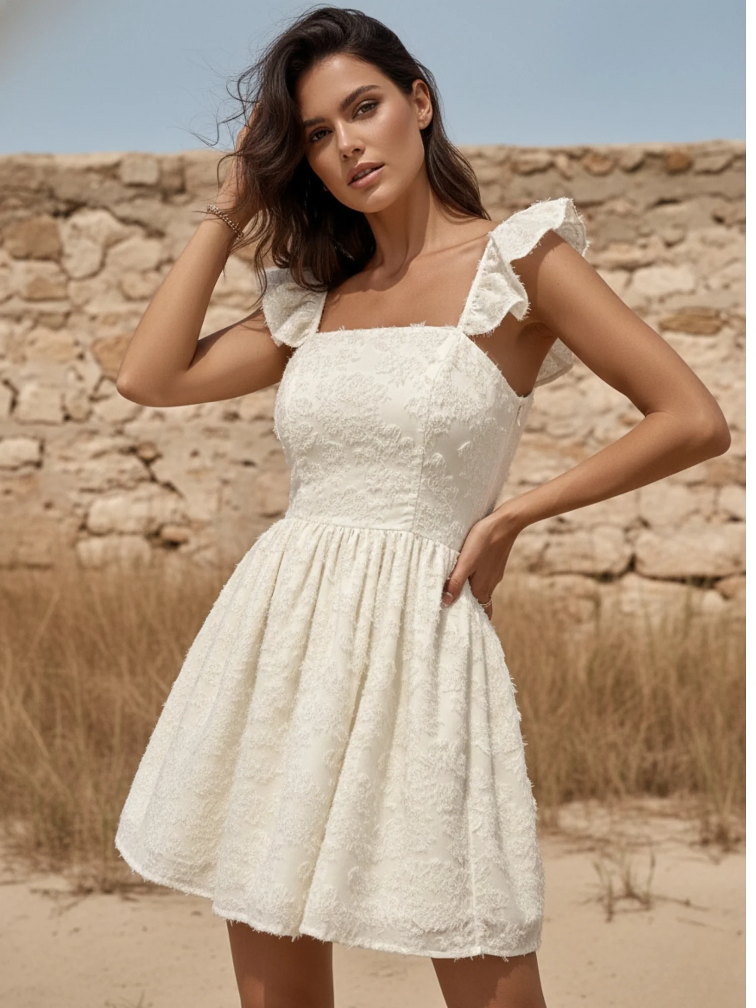 Off White Ruffle Sleeve Textured Fabric Dress - Image 3