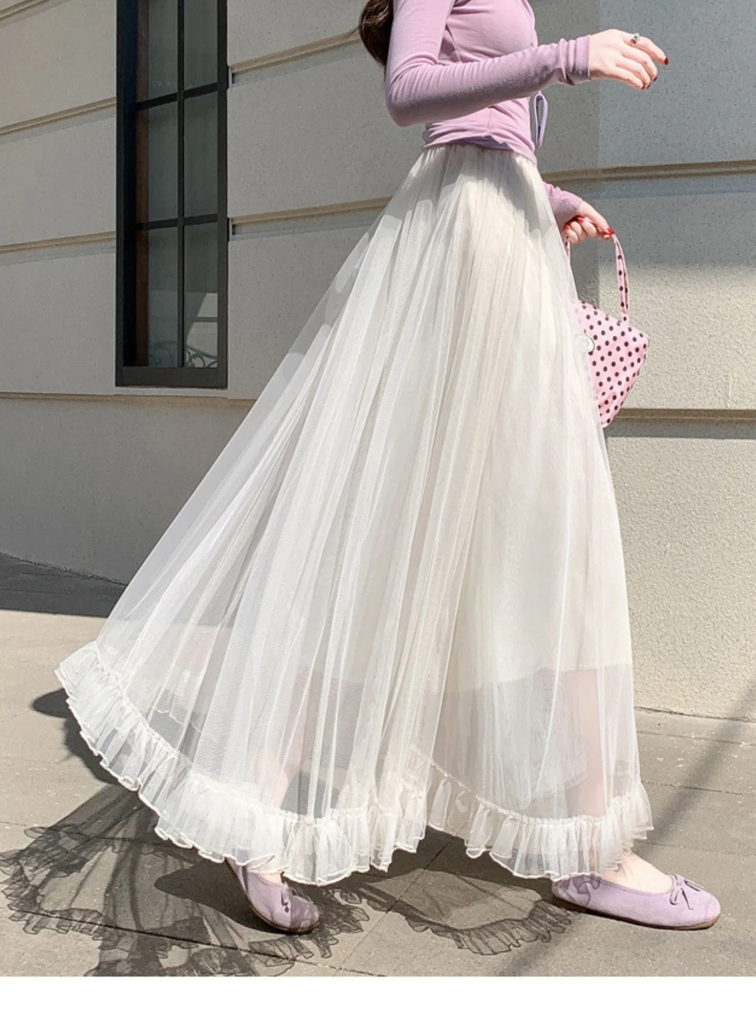 Off White Sheer A-Line Maxi Skirt With Frilled Hem - Image 2