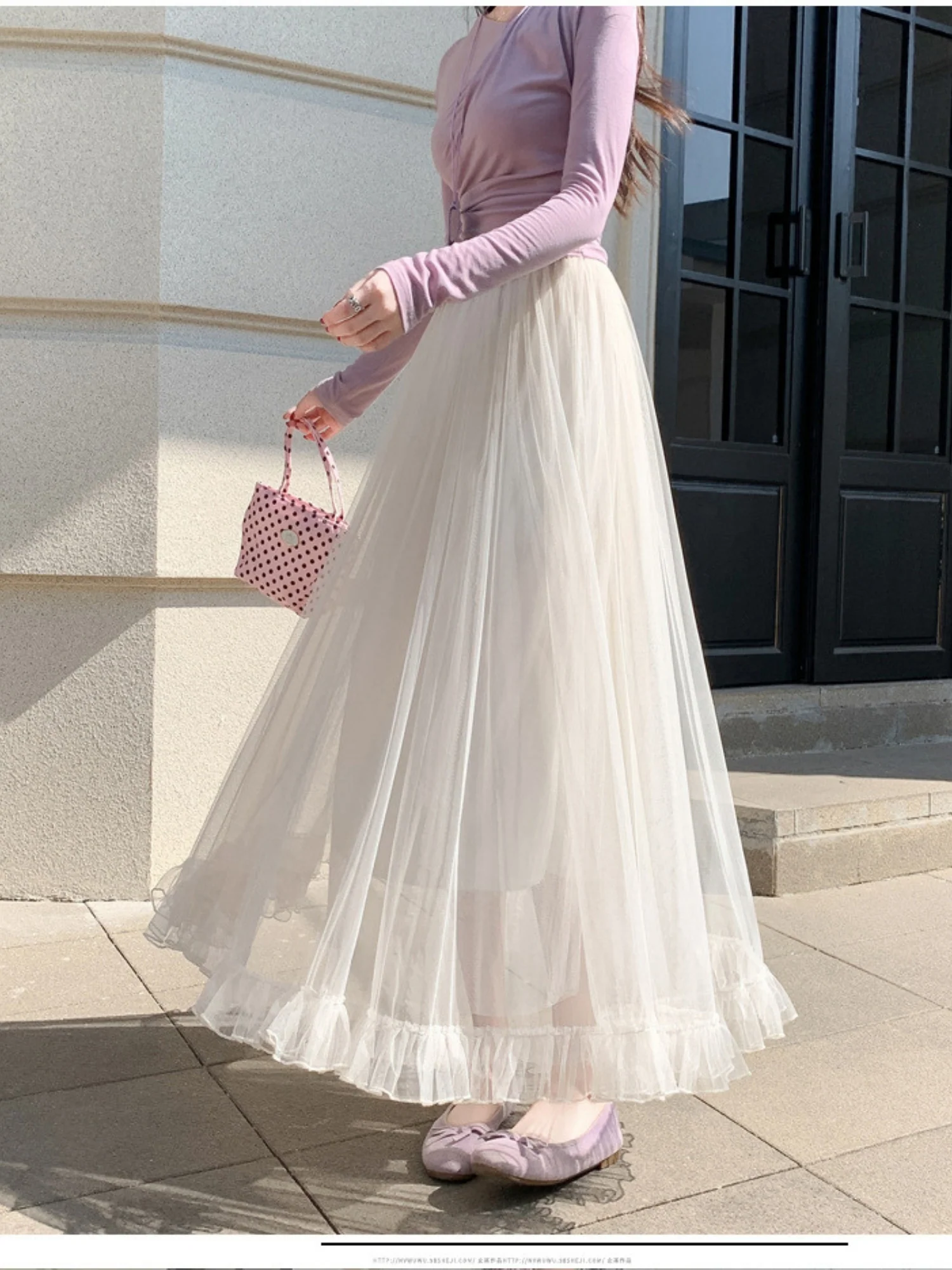 Off White Sheer A-Line Maxi Skirt With Frilled Hem - Image 3