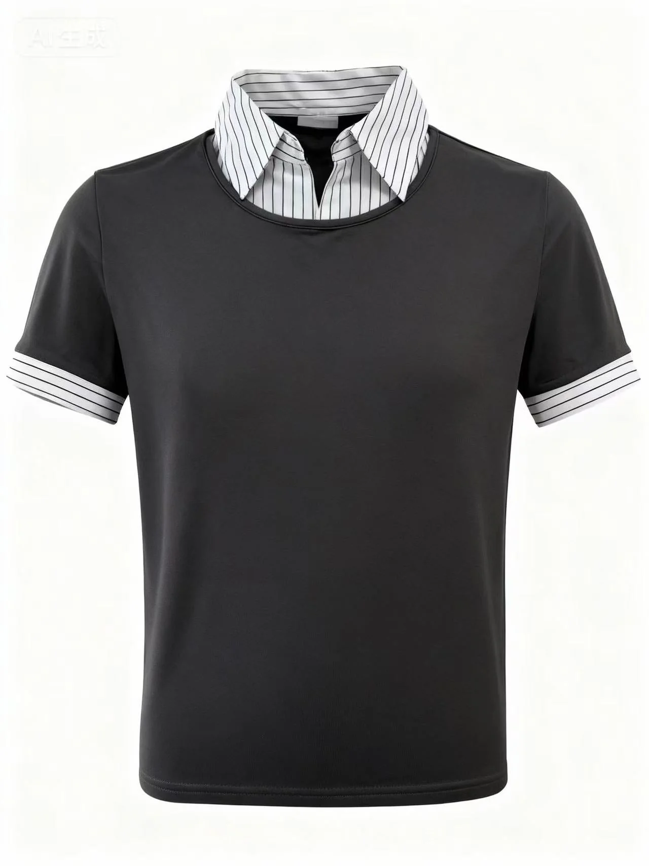 Off White Short Sleeve Contrast Collar Fitted Top - Image 2