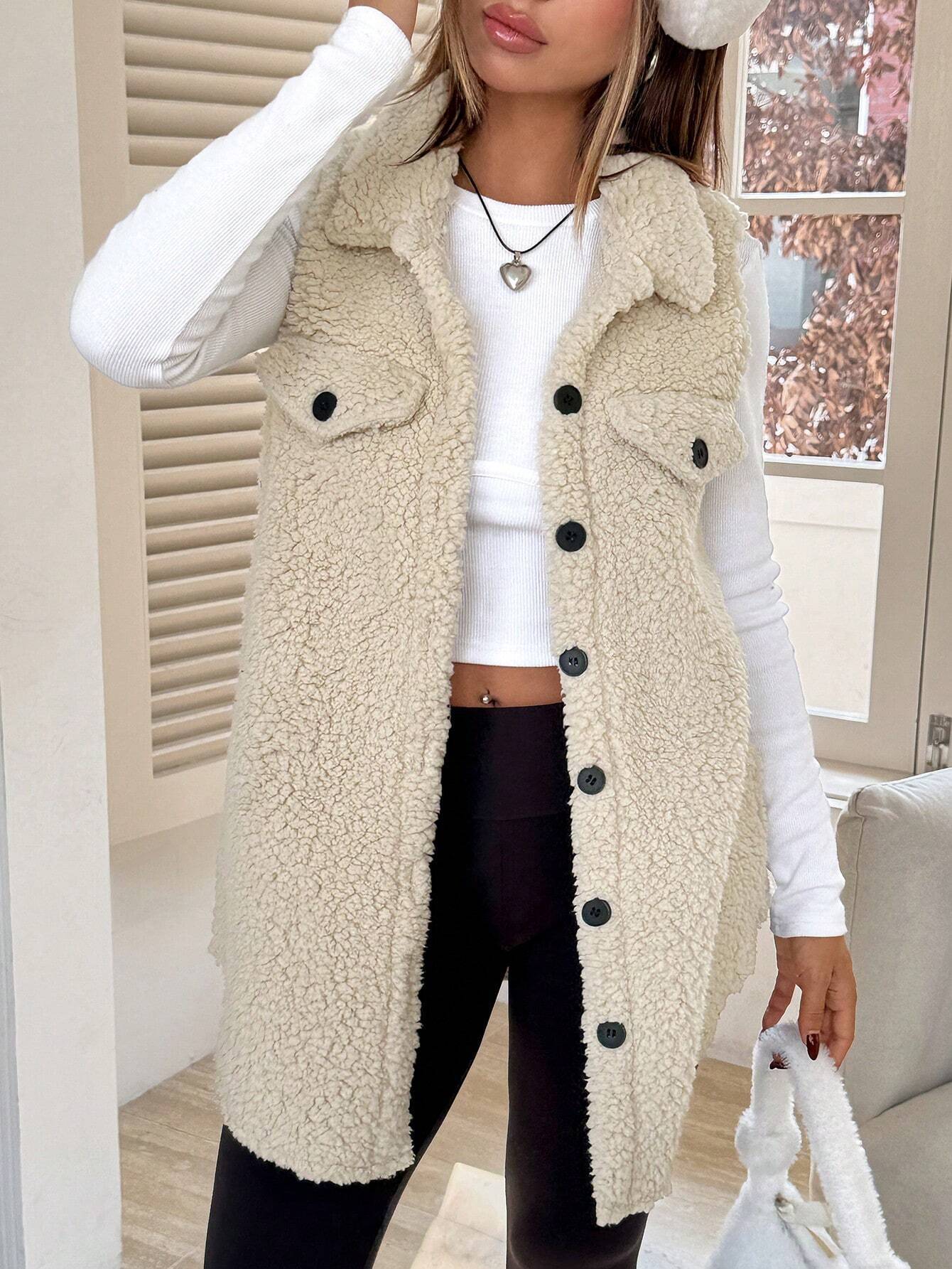 Off-white Sleeveless Front Buttoned Fur Jackets - Image 2