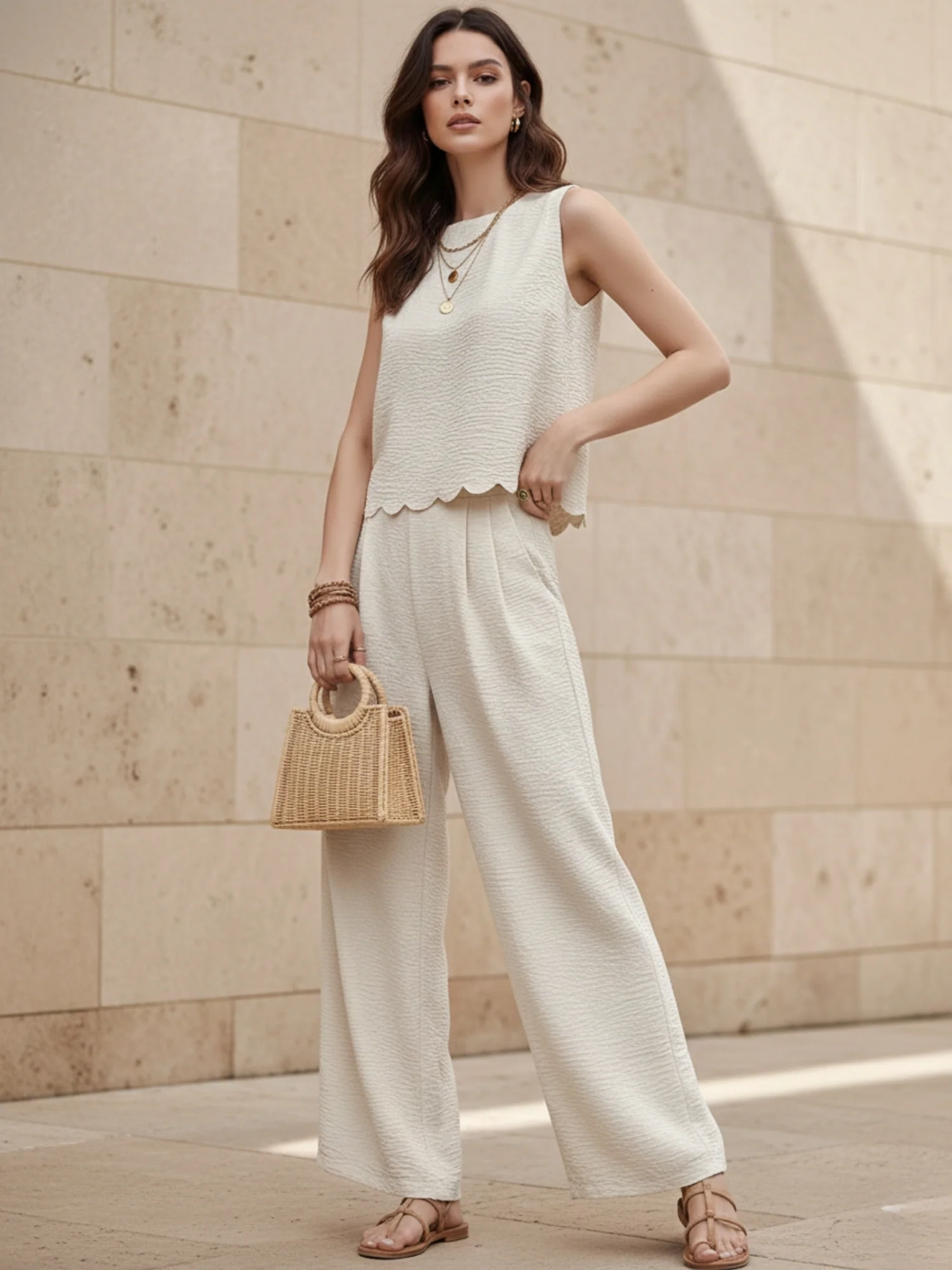 Off White Sleeveless Scallop Hem Back Tie Top Up And Pant Set - Image 2