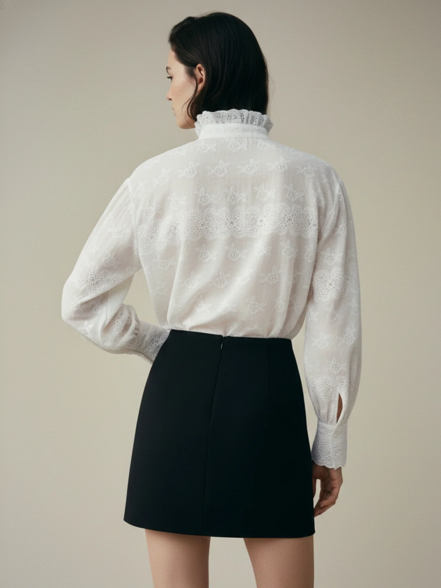 Off White Textured Ruffle Neck Top - Image 2