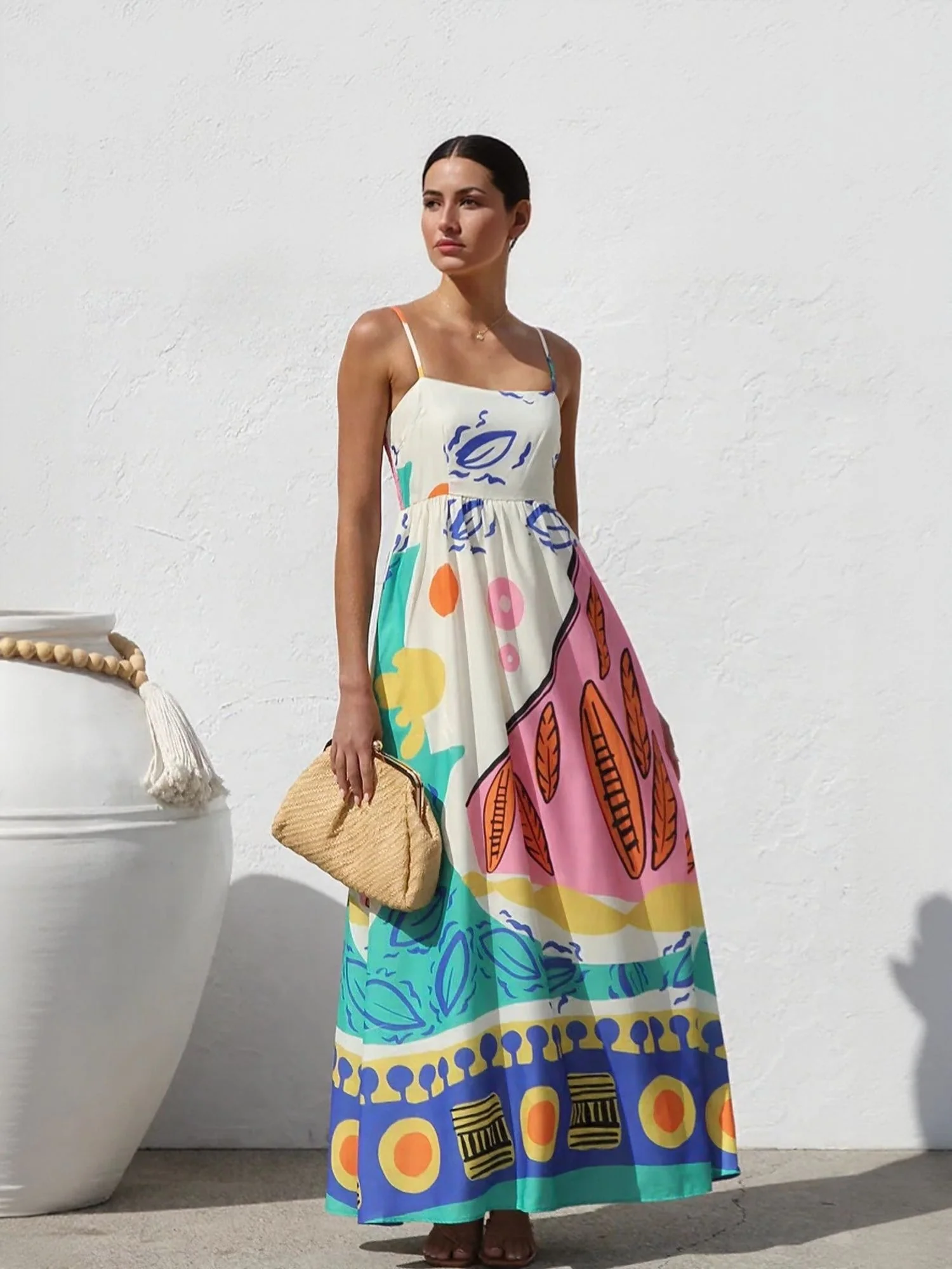 Off White Tropical Print Straight Maxi Dress - Image 2