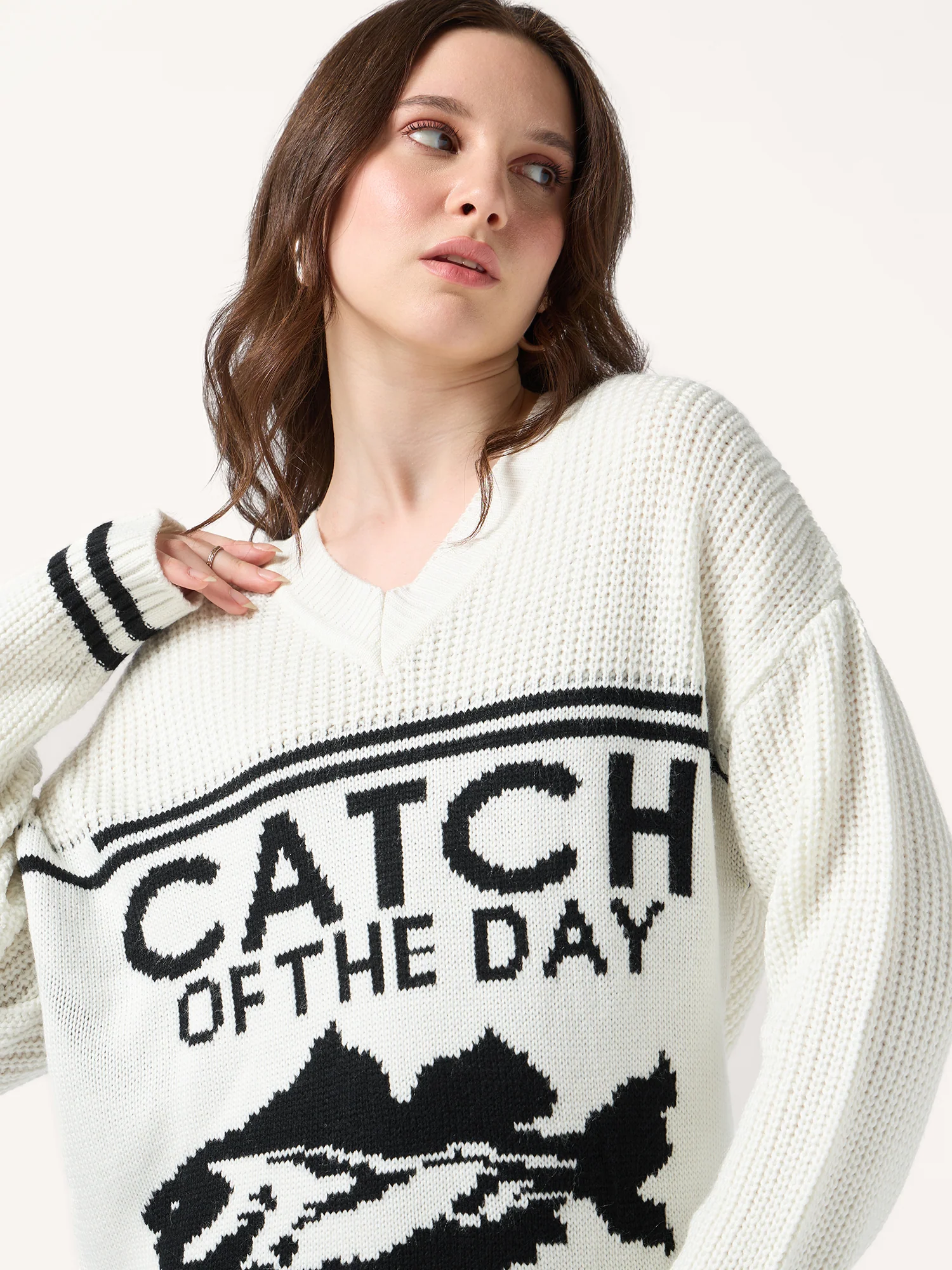 Off White V Neck Graphic Sweater - Image 2