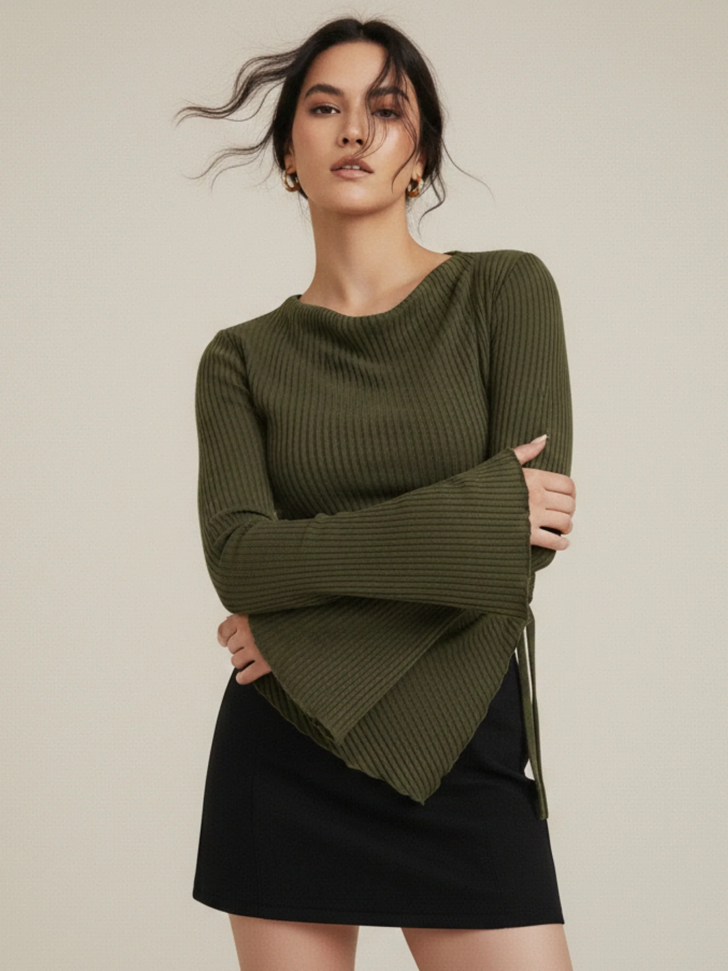 Olive Asymmetric Hem Side Ruched Top - Image 3