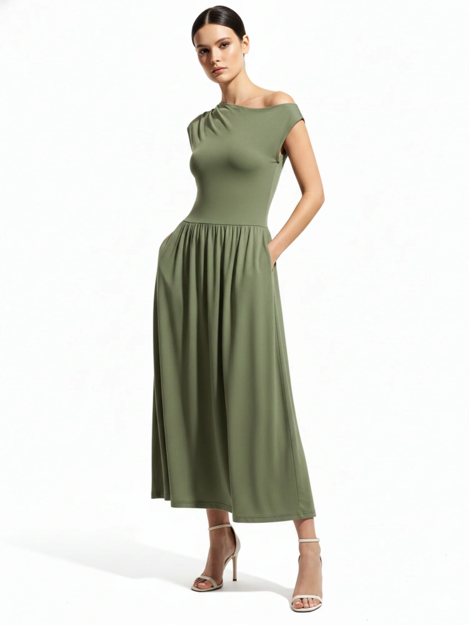 Olive Asymmetrical Neckline Flared Dress - Image 2