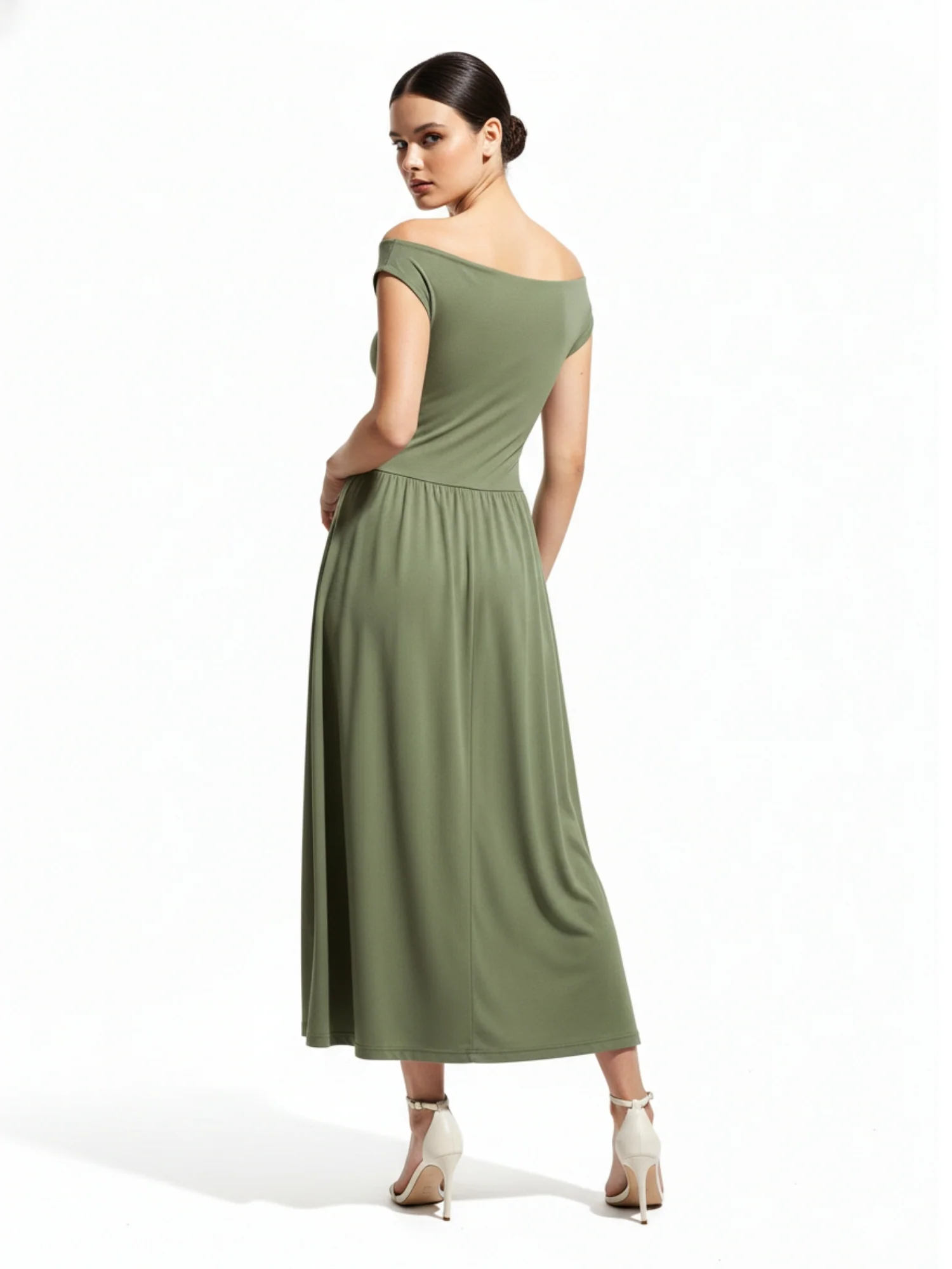 Olive Asymmetrical Neckline Flared Dress - Image 3