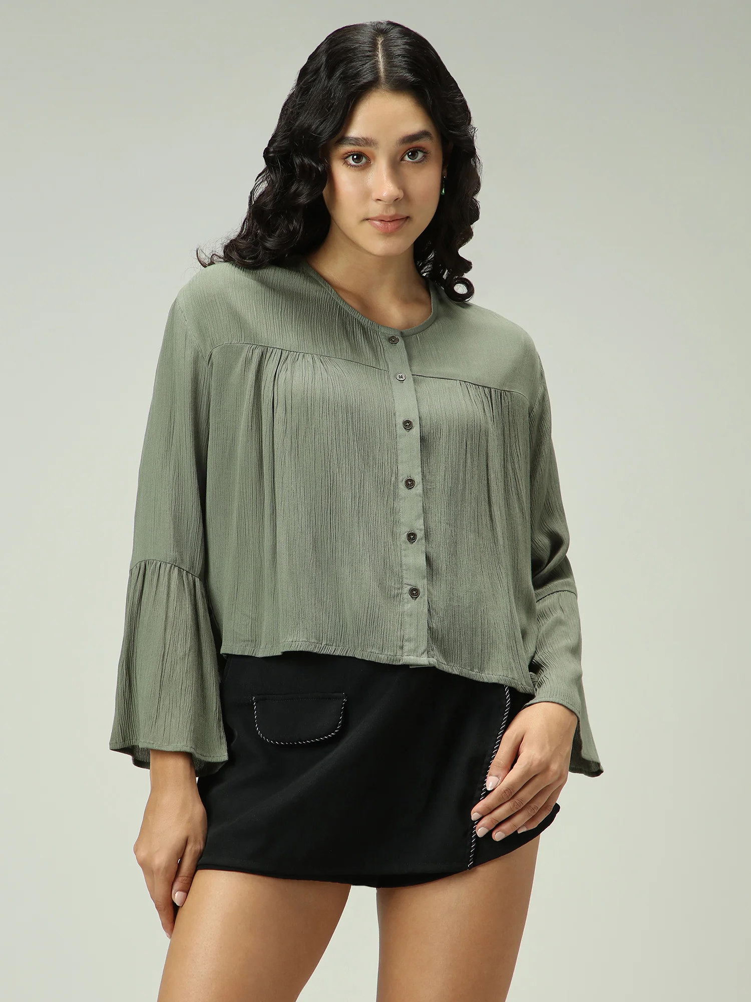 Olive Basic Cropped V Neck Top